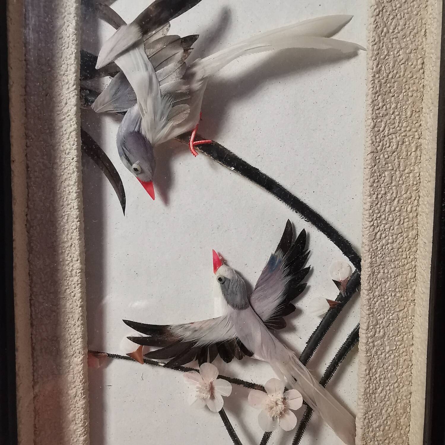 Adorable Pair of Asian Chinese Relief Bird Paintings Made in Vintage Feather