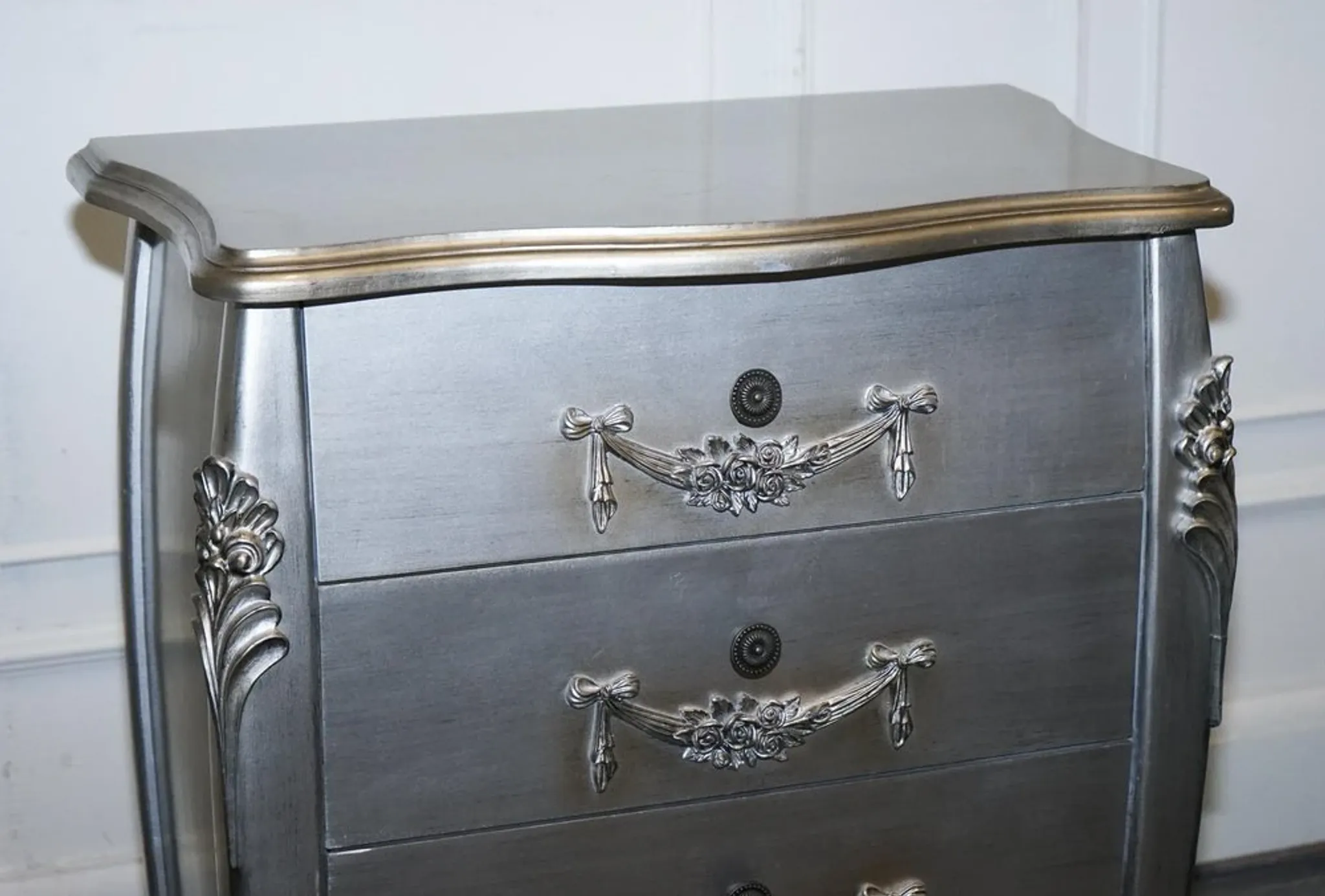 Baroque Grey Silver 3-Drawer Bedside Tables, Set of 2