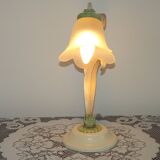 French Vintage Lamp In Cream Peach and Green With Glass Flower Petal Shade