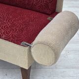 Canapé-lit danois des années 1950, laine d'ameublement rouge/beige, pieds en bois de frêne.