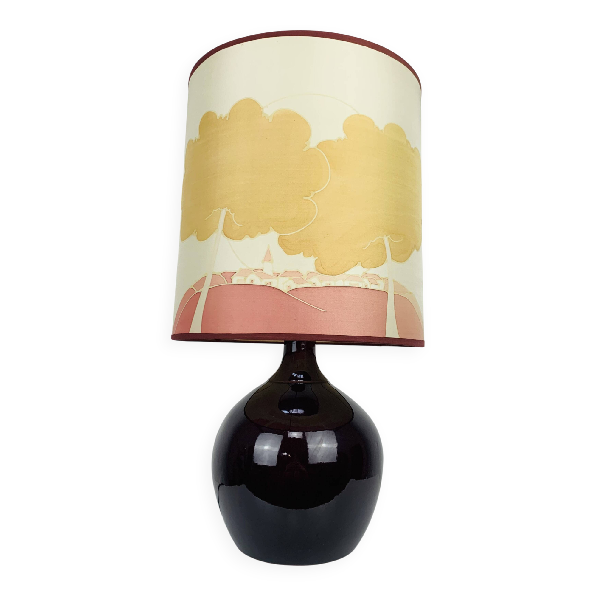 Purple ceramic ball lamp 55 cm from the 60s, silk lampshade
