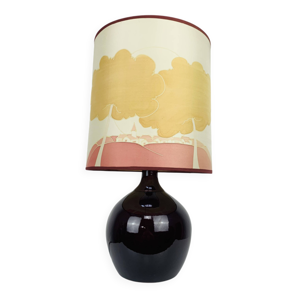 Lampe boule en céramique violette et abat-jour en soie, années 60