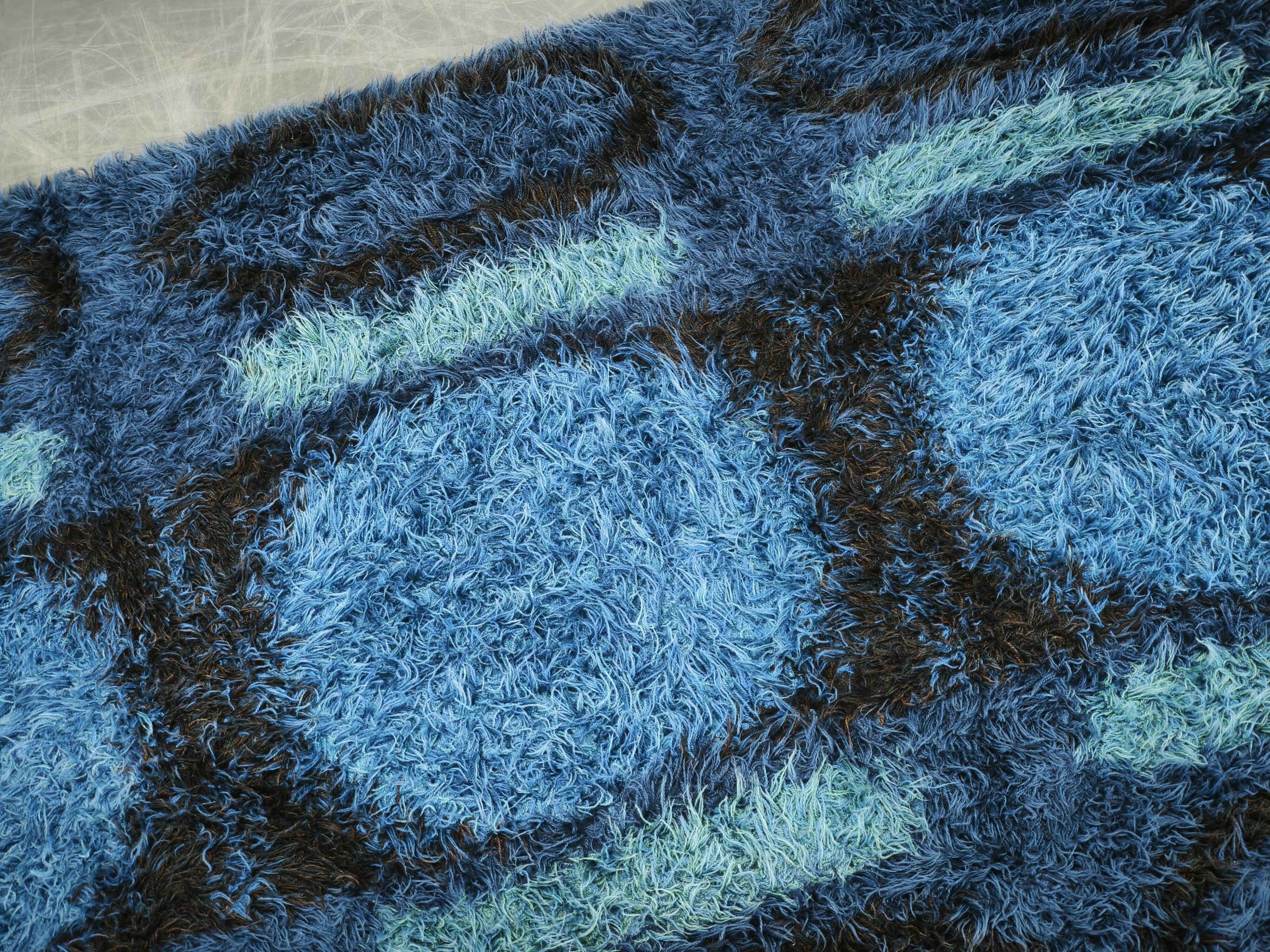 Large Danish Abstract Blue Wool Rya Rug in Ege Style