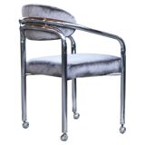 Postmodern chrome armchair grey velvet, casters