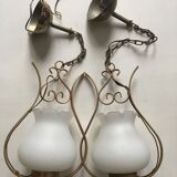 Pair of white tulip and brass pendant lamps