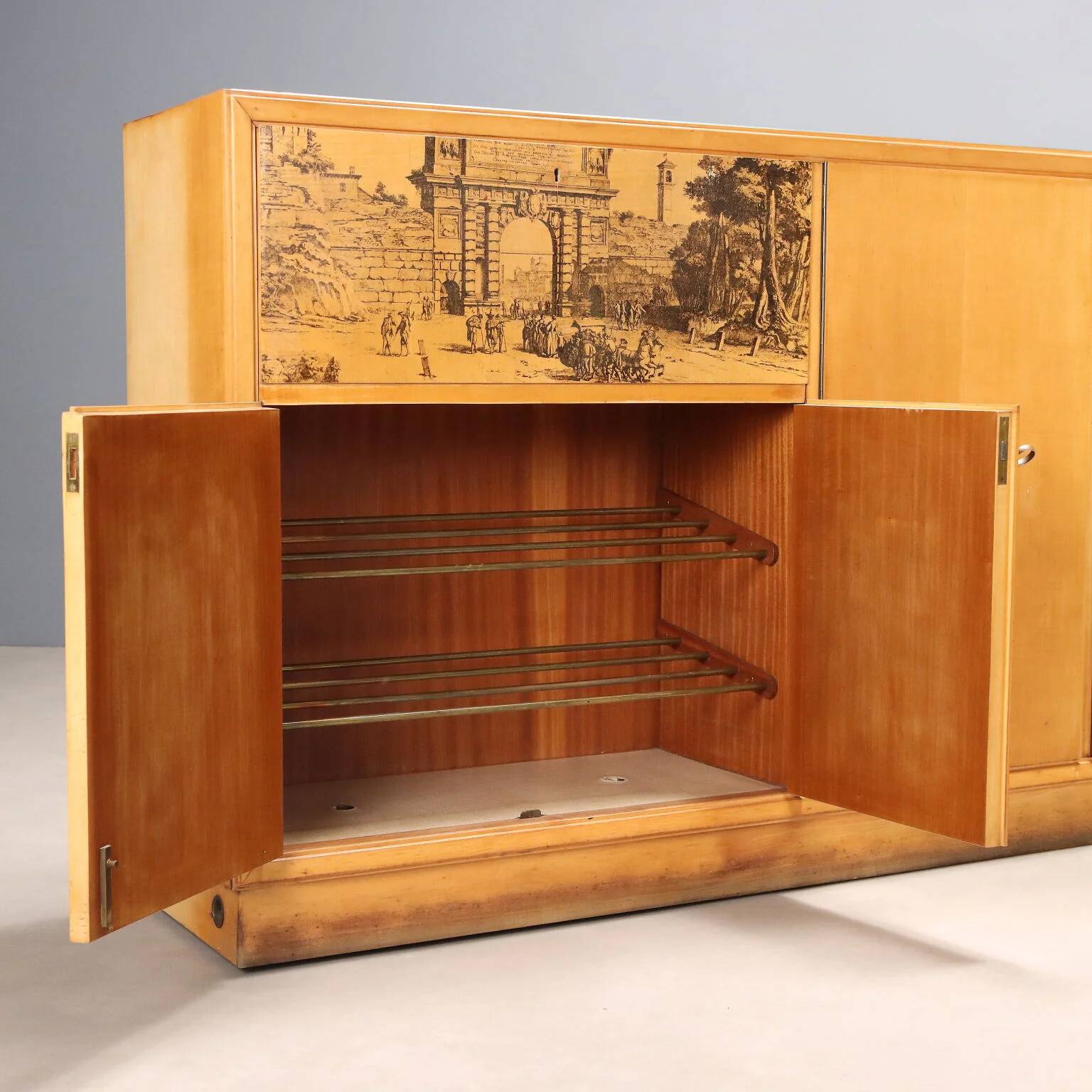 Vintage storage furniture in maple veneer with a glass top, Italian design 1950s.