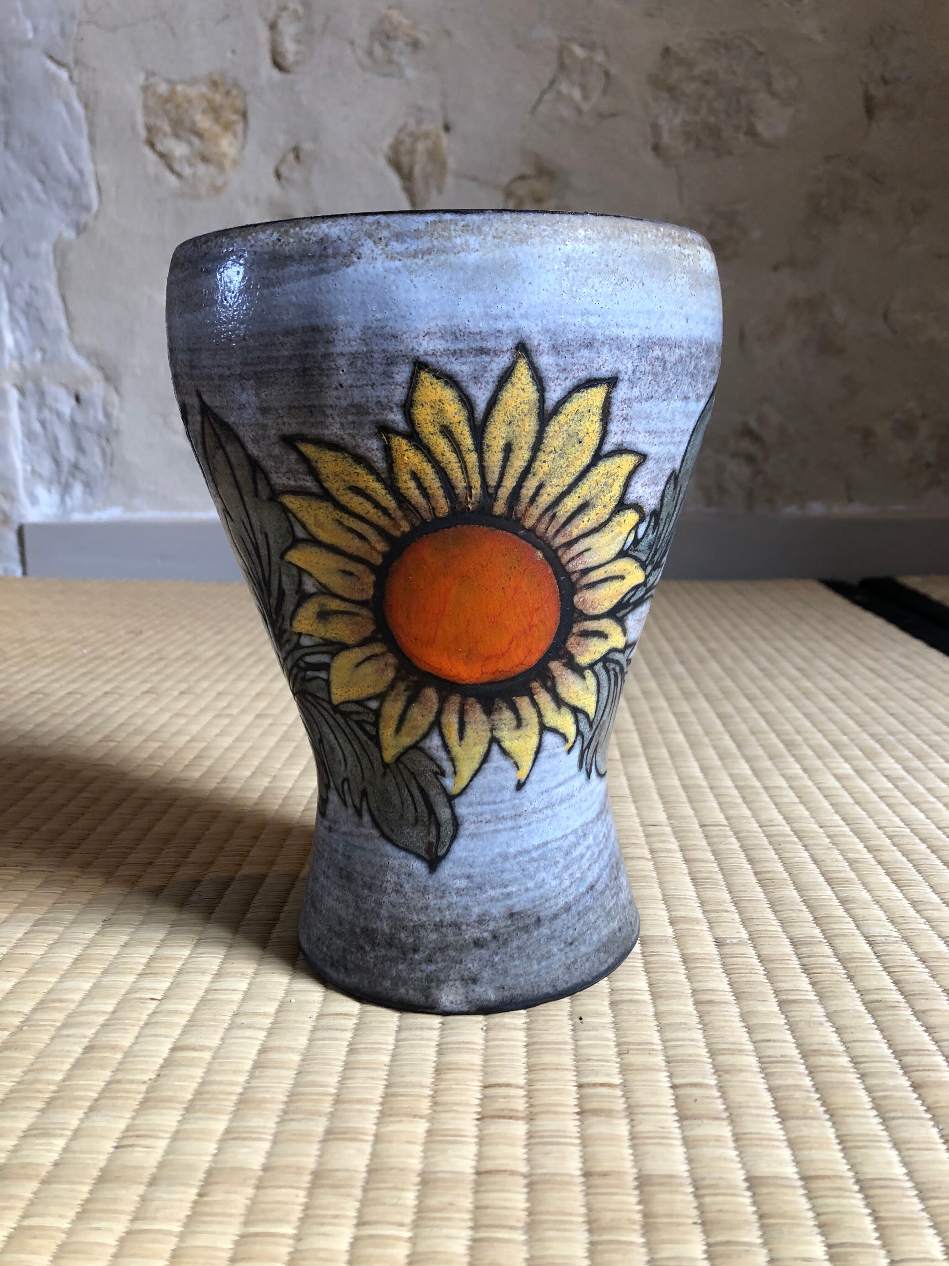 Sunflower vase signed Fonck and Matéo, Vallauris 60s