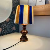 Vintage lamp with turned wooden base, striped wool lampshade