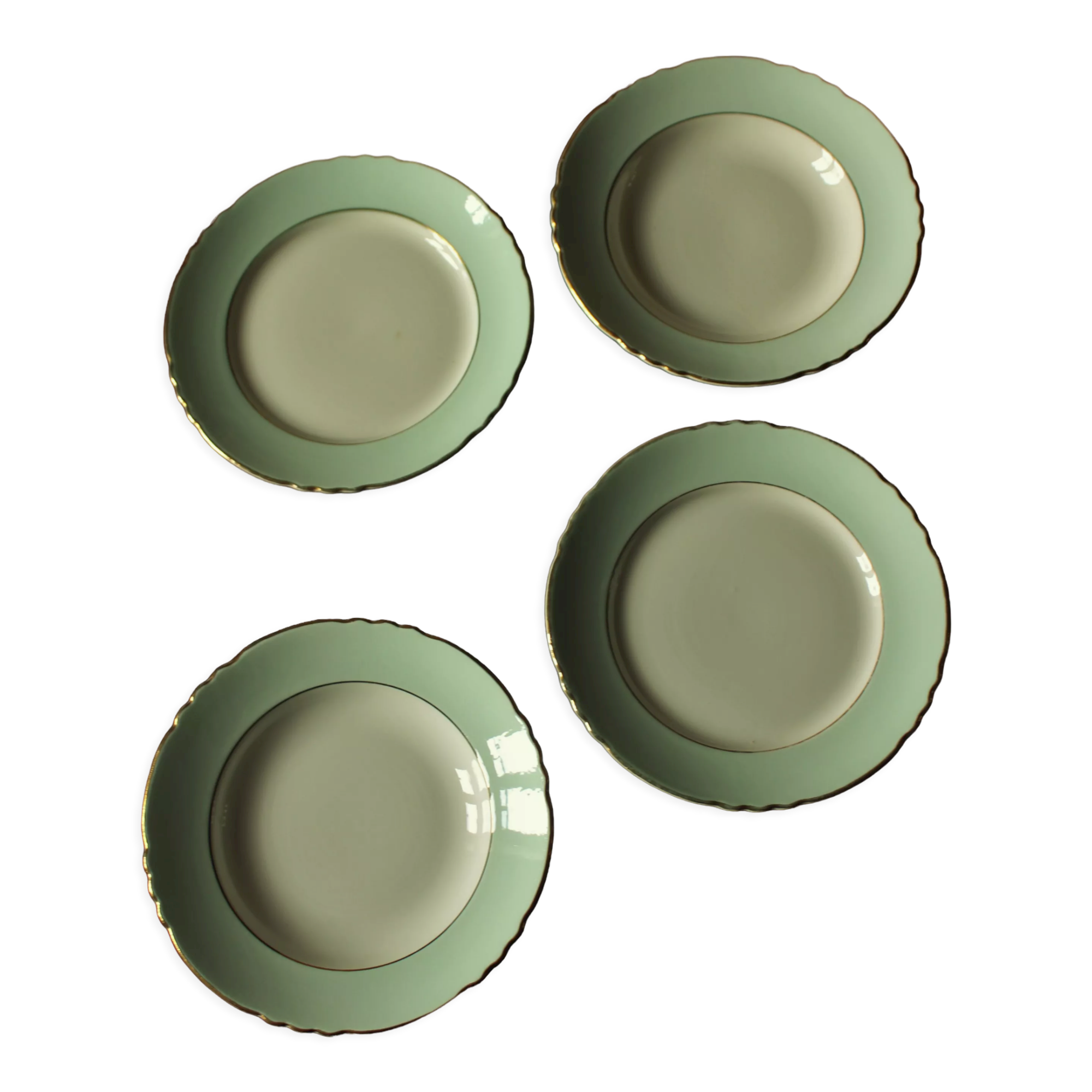 Lot 2 hollow plates and 2 green gilding plates Moulin des Loups