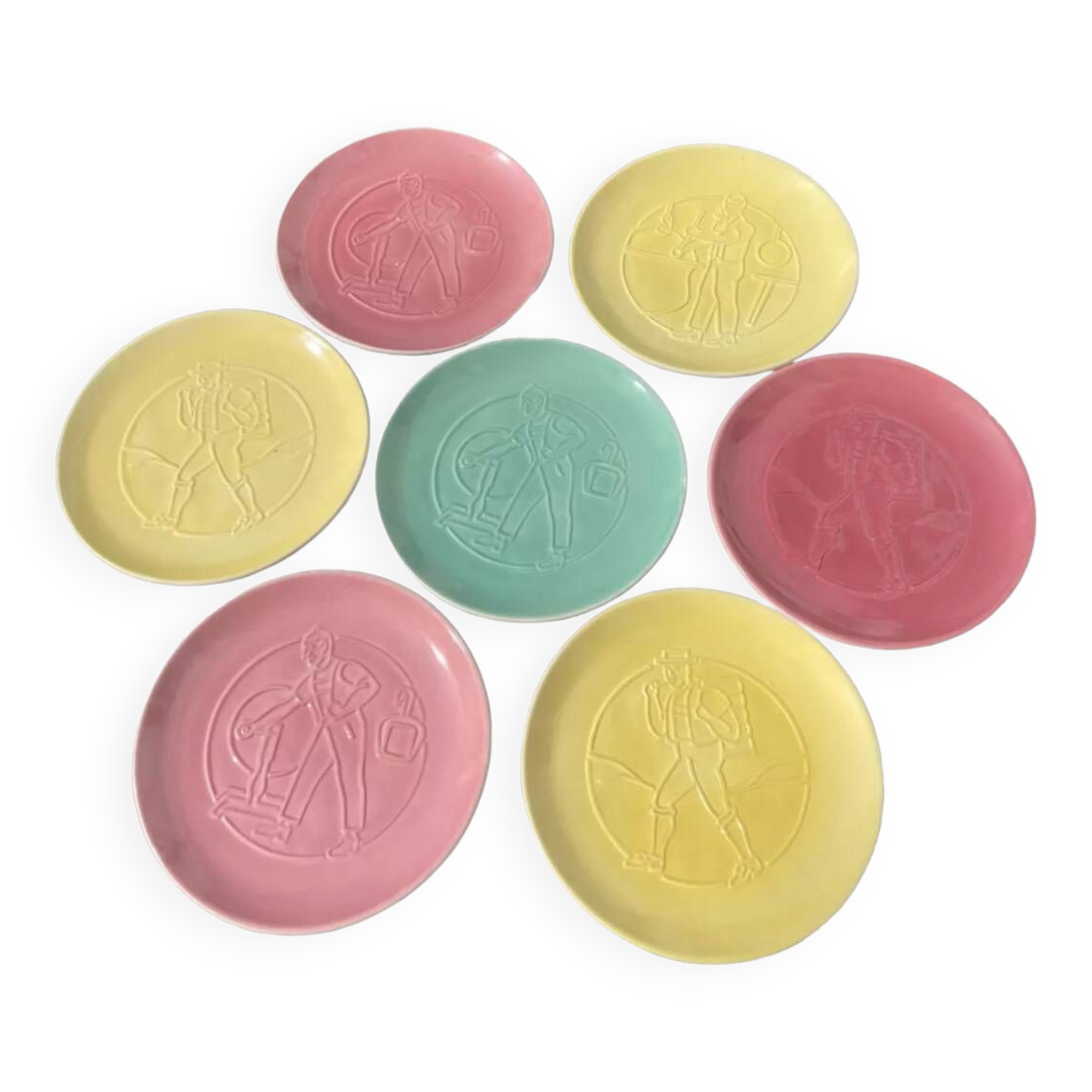 7 multicolored plates with old Nyon porcelain trades