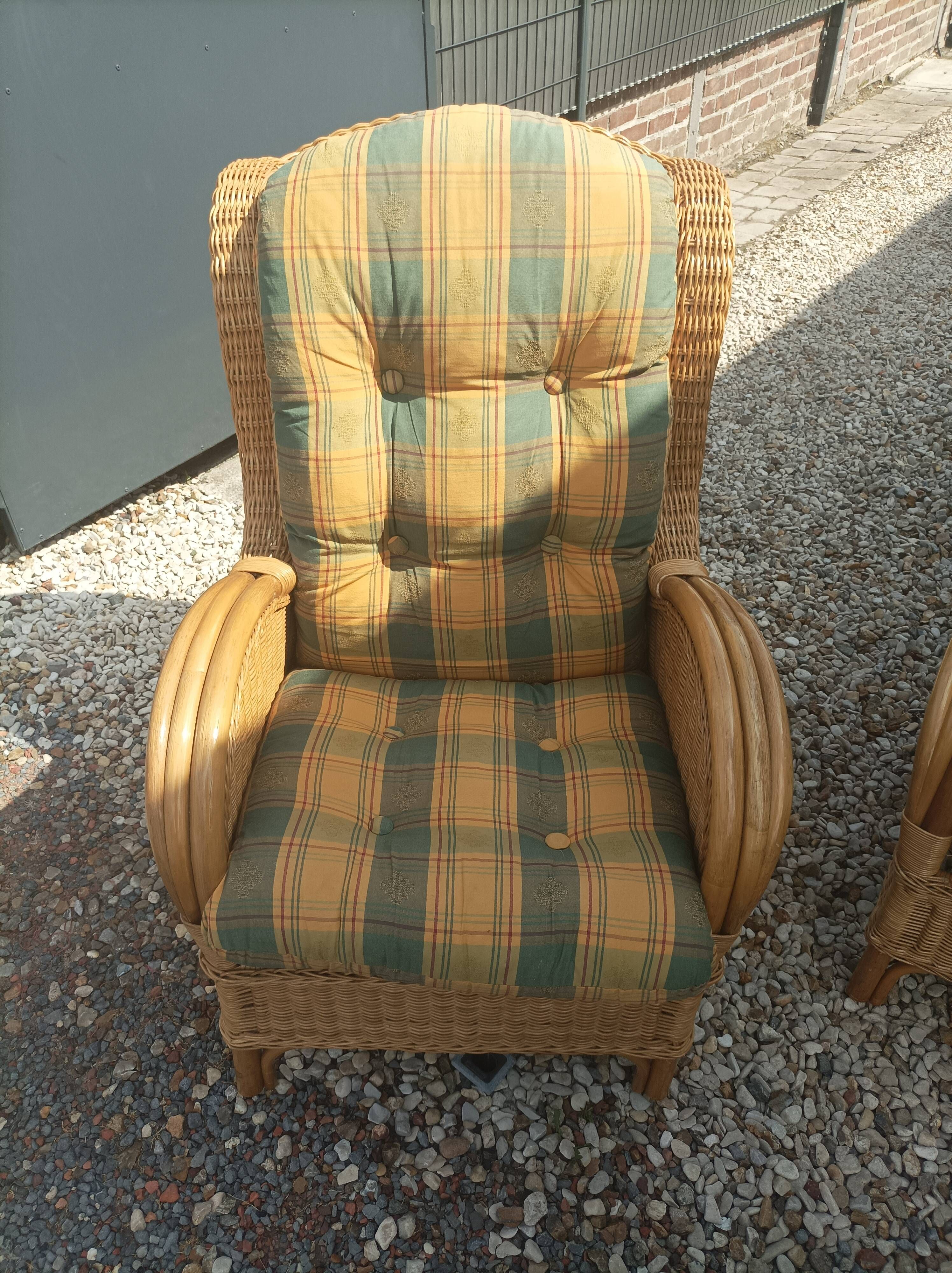 Pair of old armchairs wicker rattan & foot rest vintage year 60
