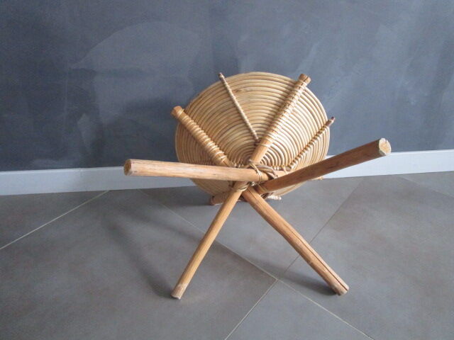 Corbeille sur pied vintage en bois,bambou et rotin