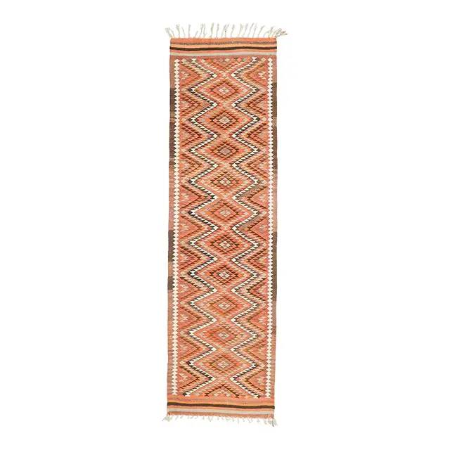 1970s Vintage Turkish Hand-Knotted Wool Cotton Orange Runner Rug 96x346