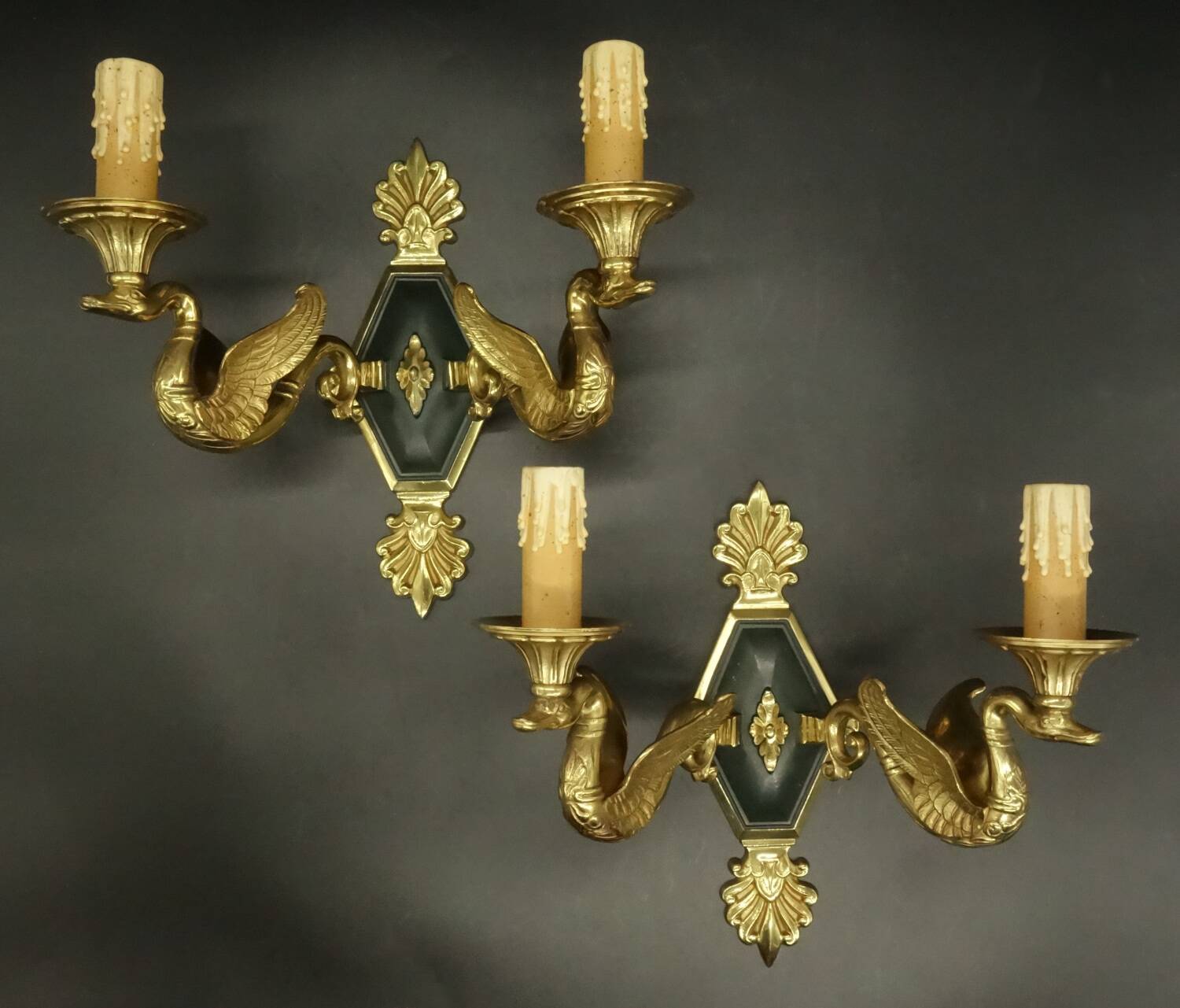 Pair of Empire style swan wall lights from Petitot - bronze & green patina
