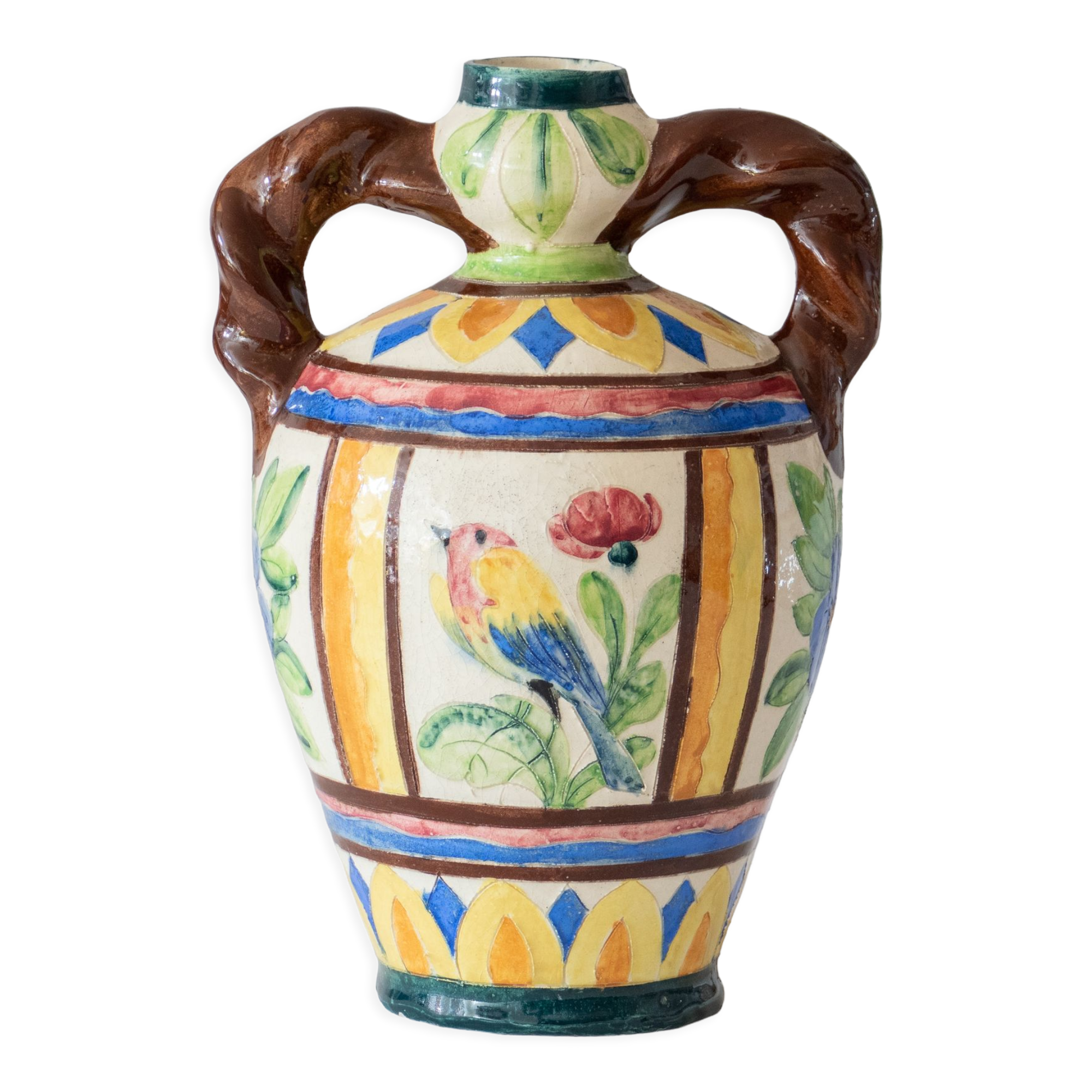 Old handcrafted amphora / polychrome bird glazed terracotta vase