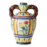 Amphore artisanale ancienne / vase en terre cuite émaillée polychrome oiseau