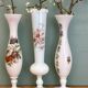 Set of 3 vintage vases/soliflores in white opaline with floral decorations.