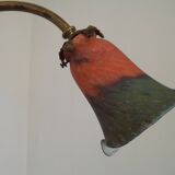 Art Nouveau three-light chandelier in bronze with orange and green glass shade, France.