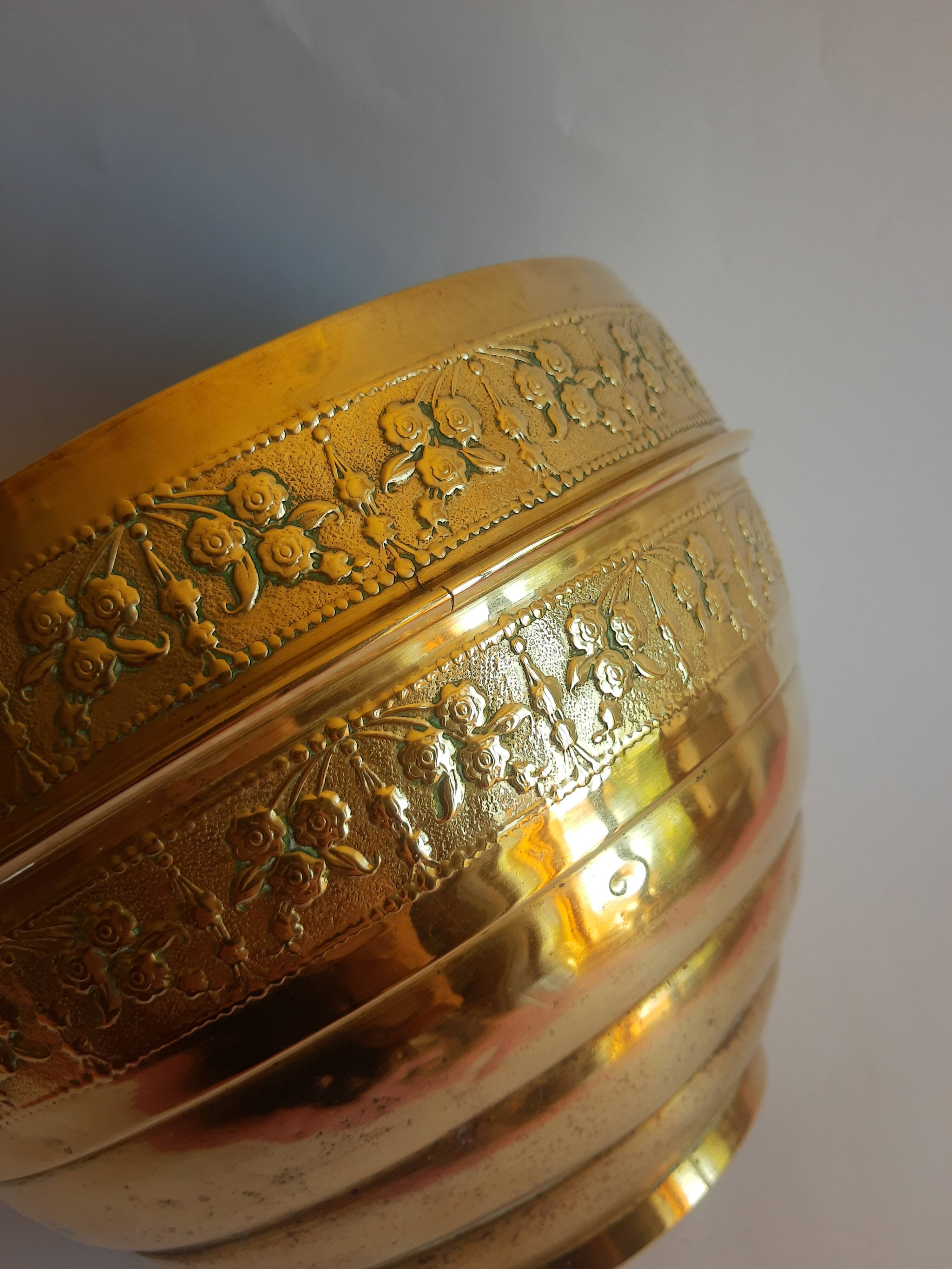Old vintage brass floral frieze pot cover