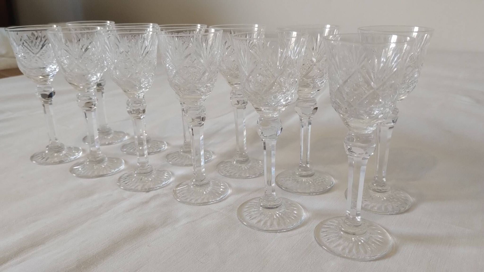 Set of 12 stemmed cut crystal liqueur glasses