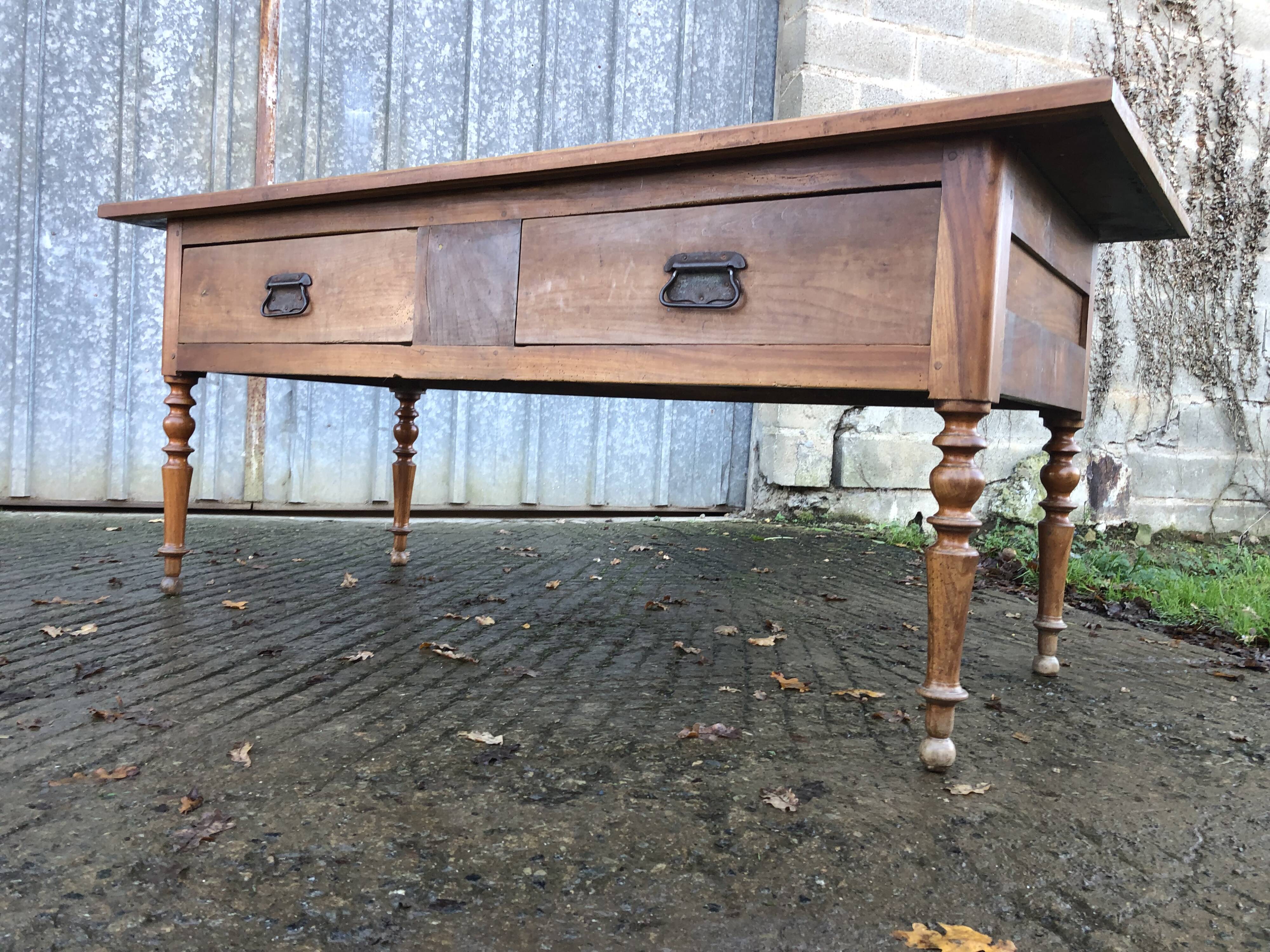 Solid cherry game table with 2 front drawers and panelled crosspieces.