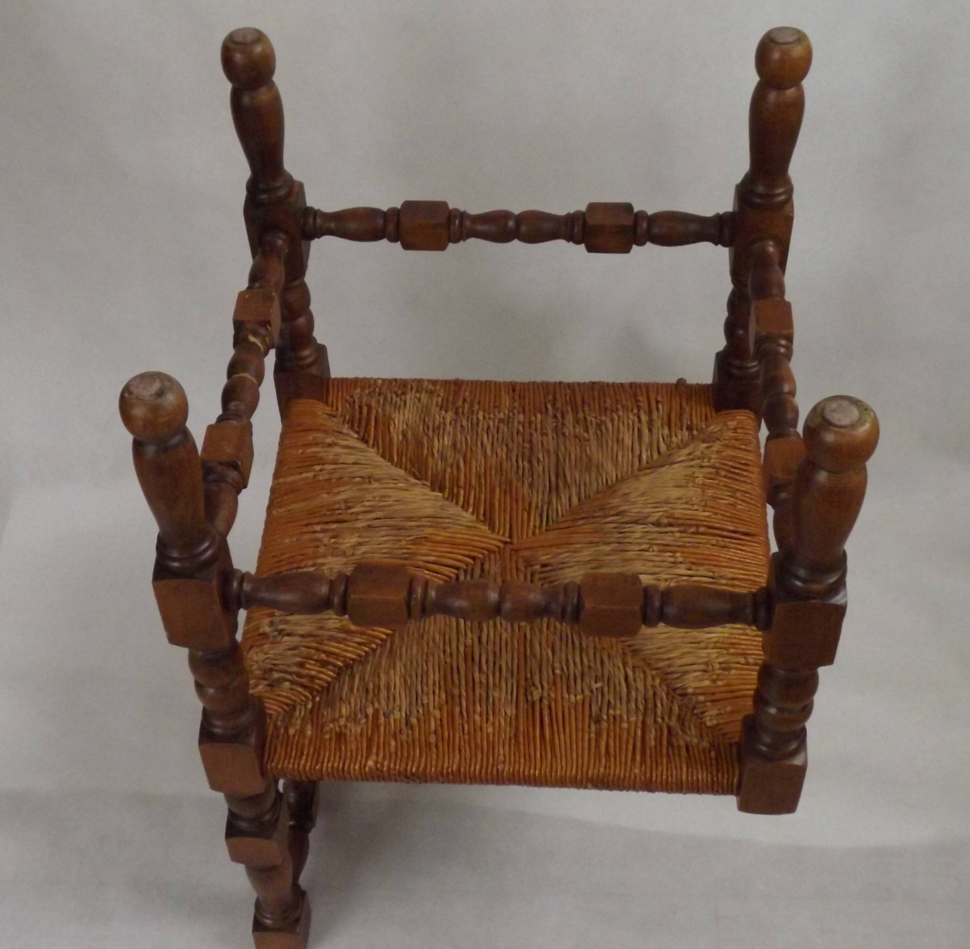 Antique French Turned Wooden Bobbin Chair with Rush Seat