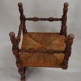 Antique French Turned Wooden Bobbin Chair with Rush Seat
