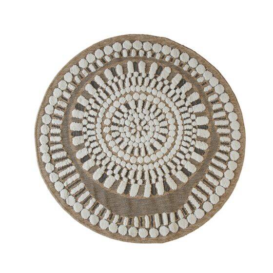 Round jute rug with white relief patterns, 90 cm