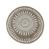 Round jute rug with white relief patterns, 90 cm