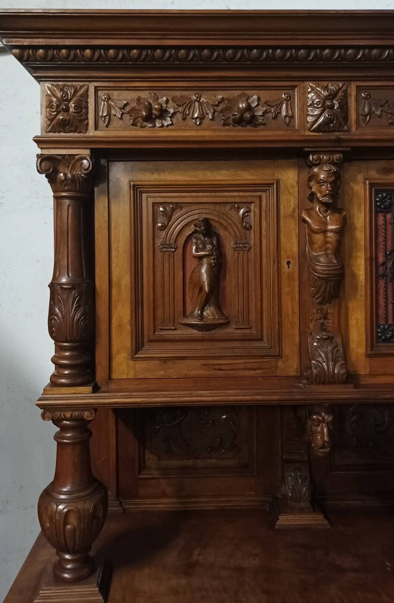 19th-century Renaissance walnut two-body buffet