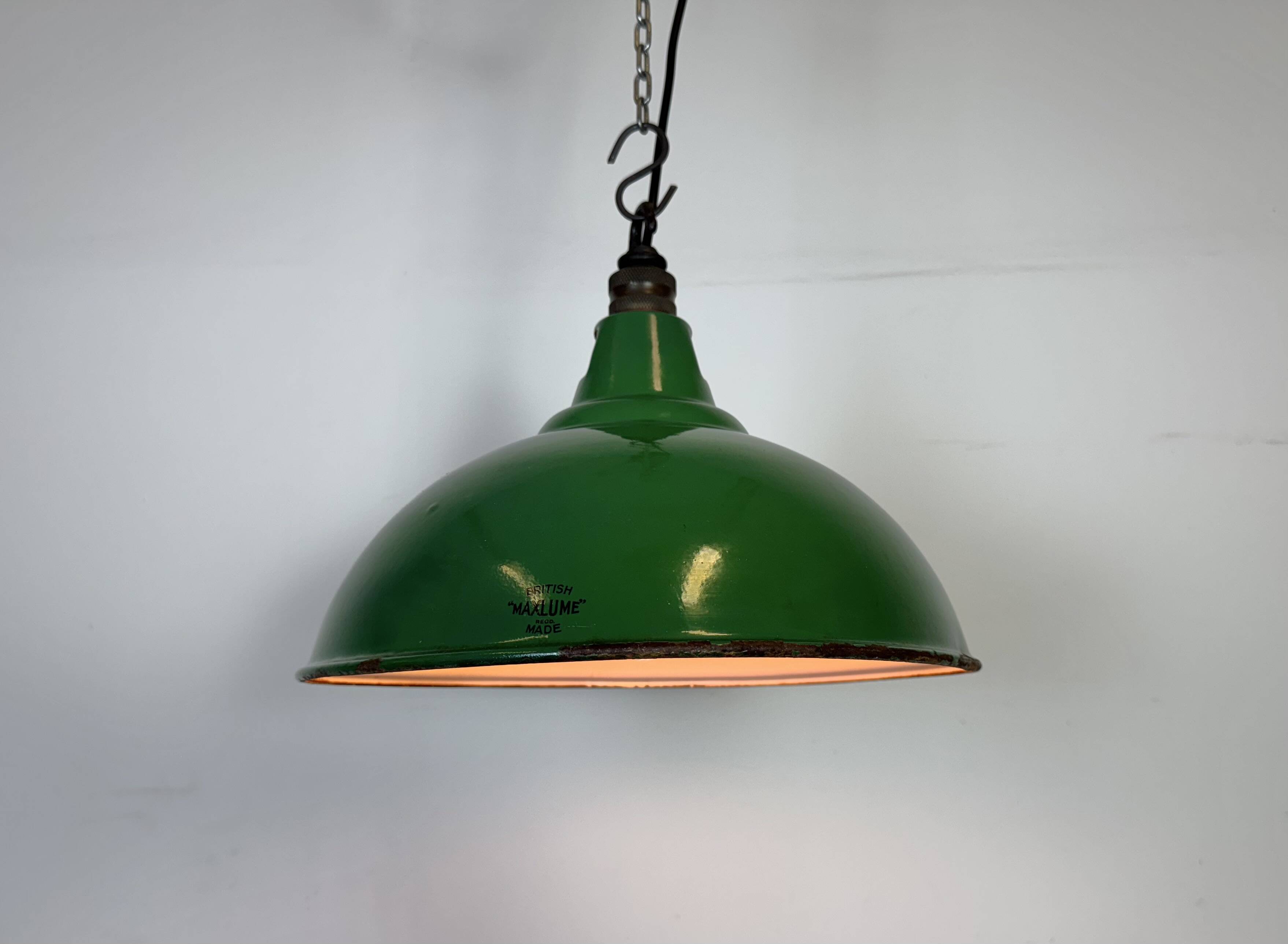 Industrial British Green Enamel Factory Pendant Lamp from Maxlume, 1960s