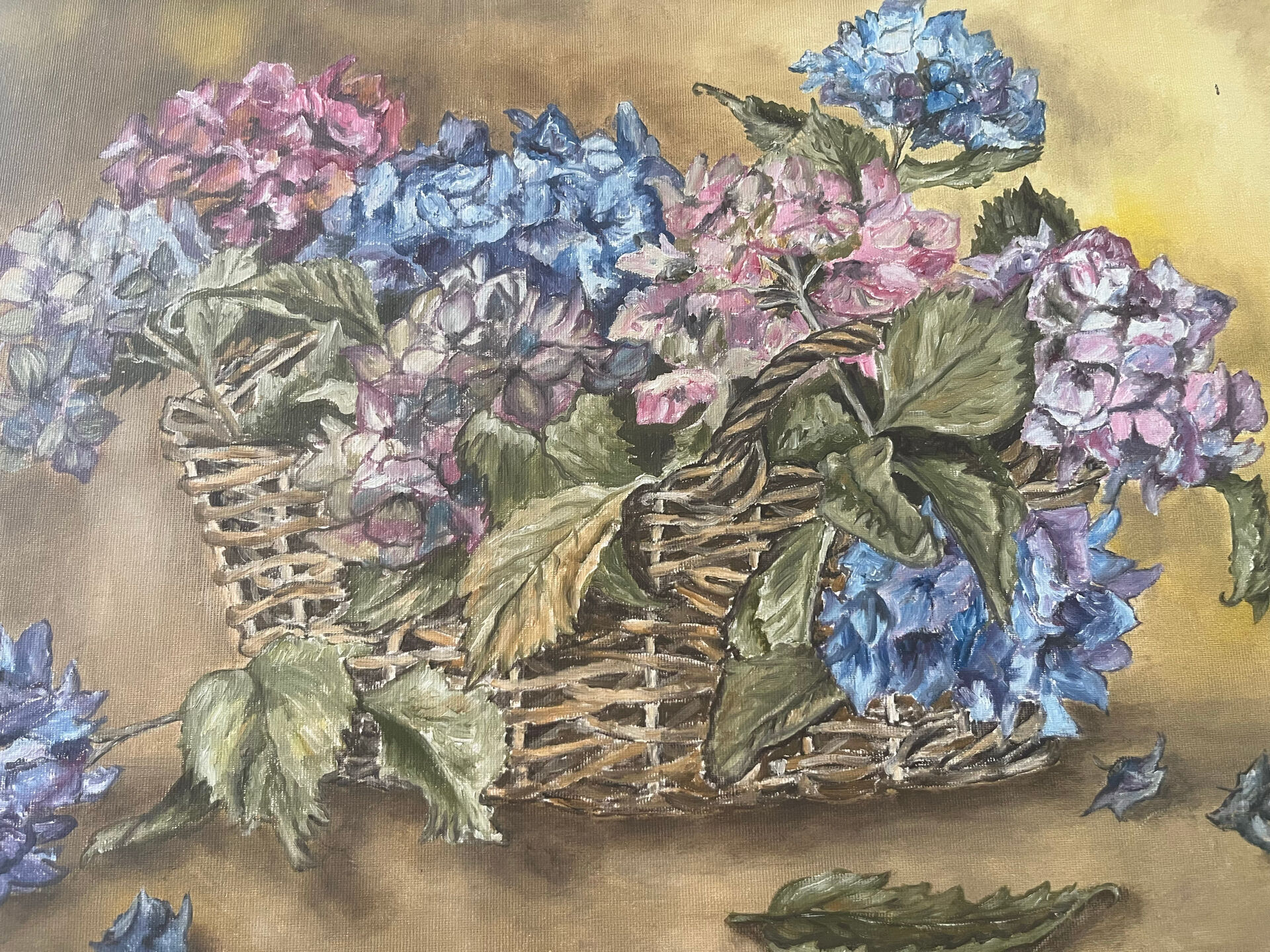Old oil on canvas bouquet of hydrangeas signed