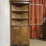 19th-century English corner cabinet in oak, mahogany, and fir.