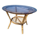 Table en rotin avec son verre fumé années 70