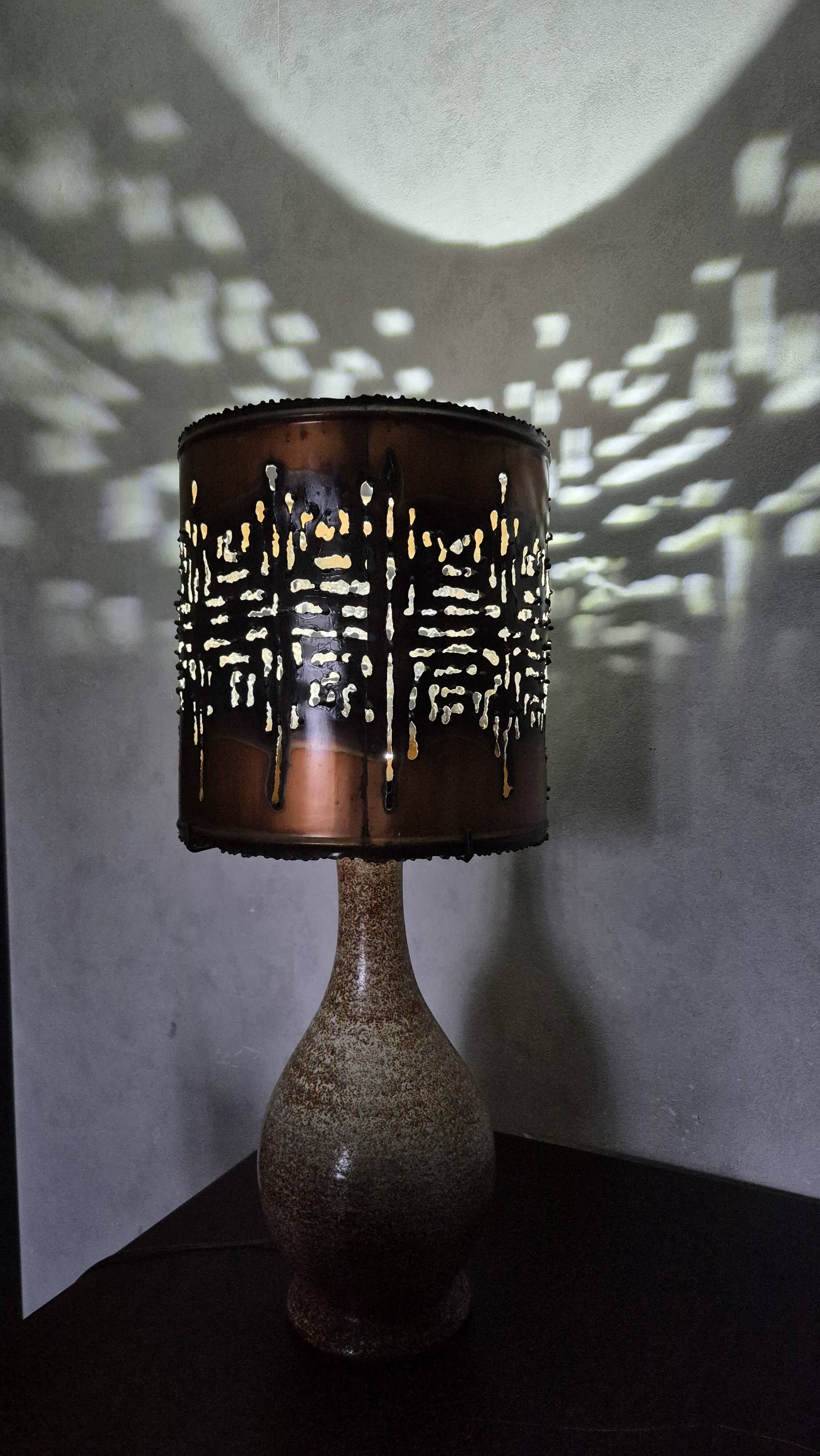 Large vintage Accolay lamp with flamed ceramic and metal shade.