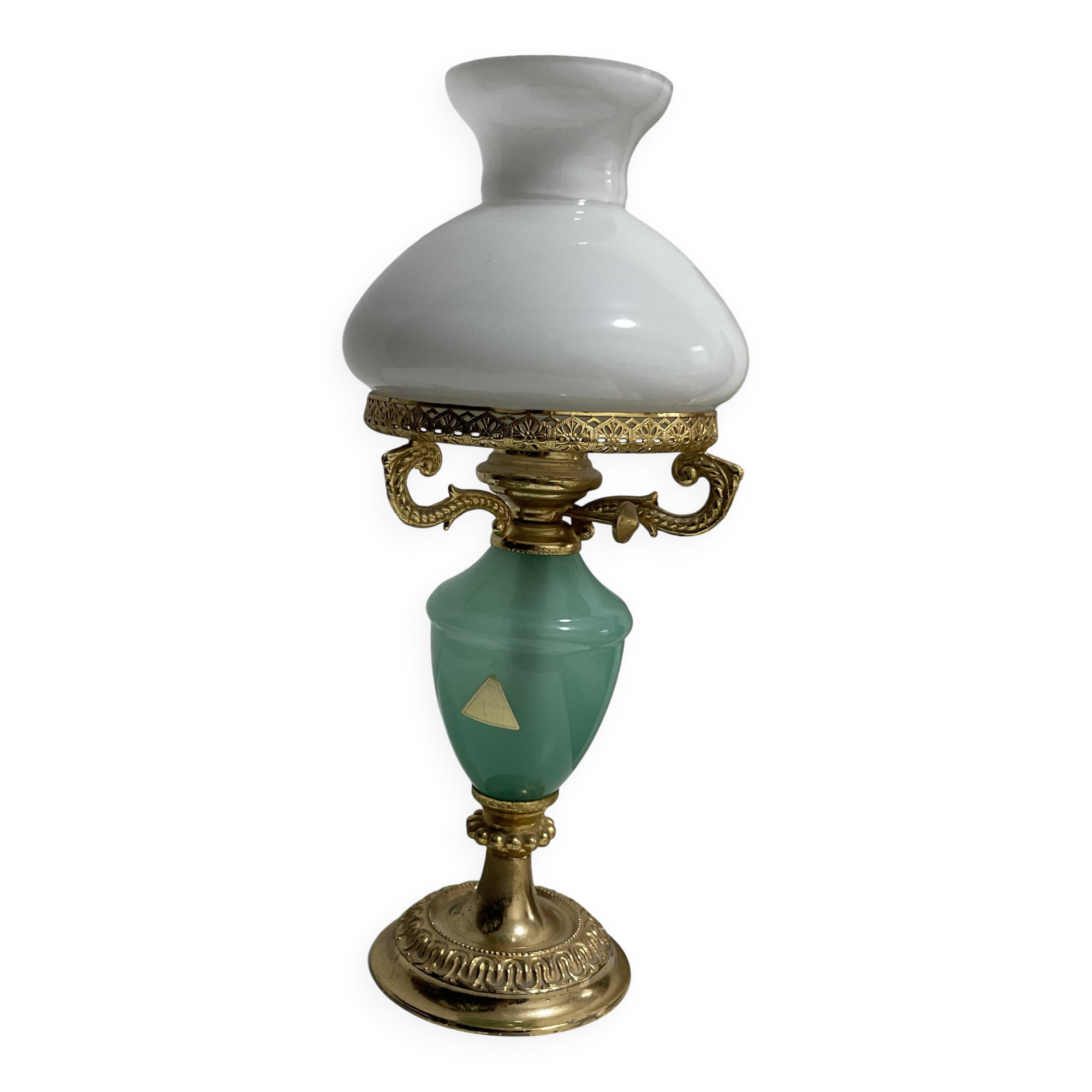 vintage turquoise opaline table lamp electrified brass adorned
