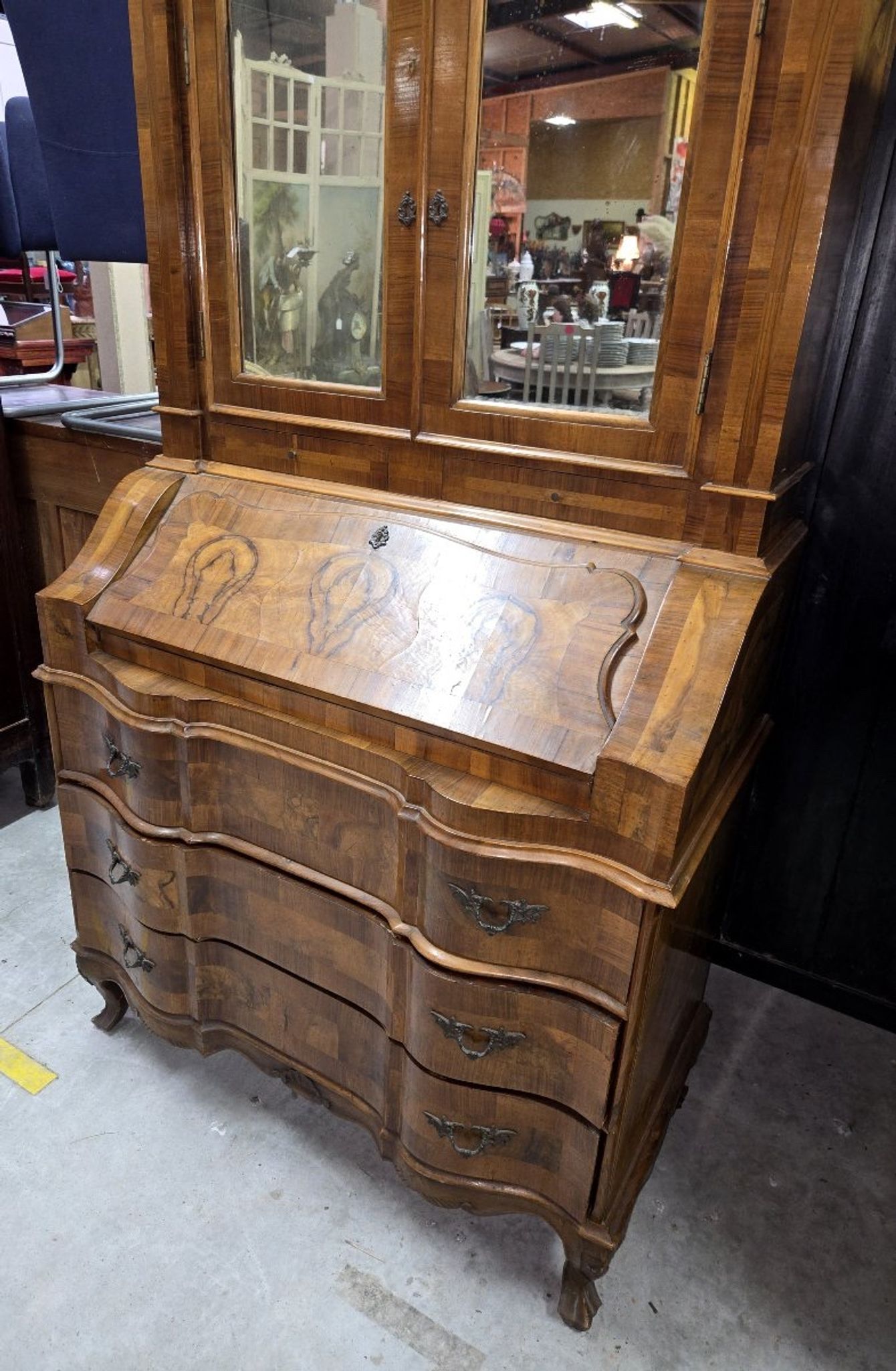 Venetian style Louis XV scriban secretary in marquetry walnut.
