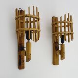 Pair of rattan bamboo lantern wall lights. 1950s-1960s