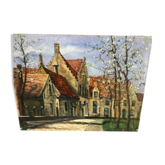 Huile sur toile "le beguinnage"