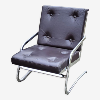 Armchair of the 70s in chromed metal and moleskine Pierson editor