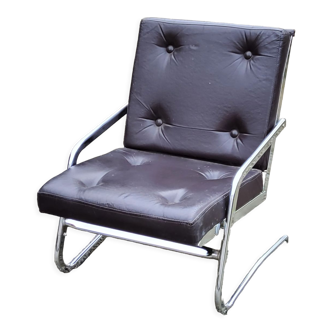 Armchair of the 70s in chromed metal and moleskine Pierson editor