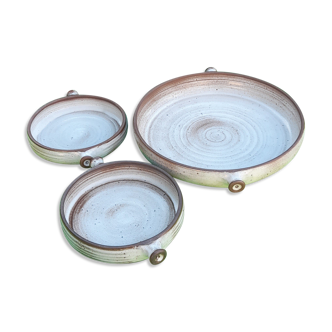Set of 3 dishes in varnished pyrity sandstone, cream and brown