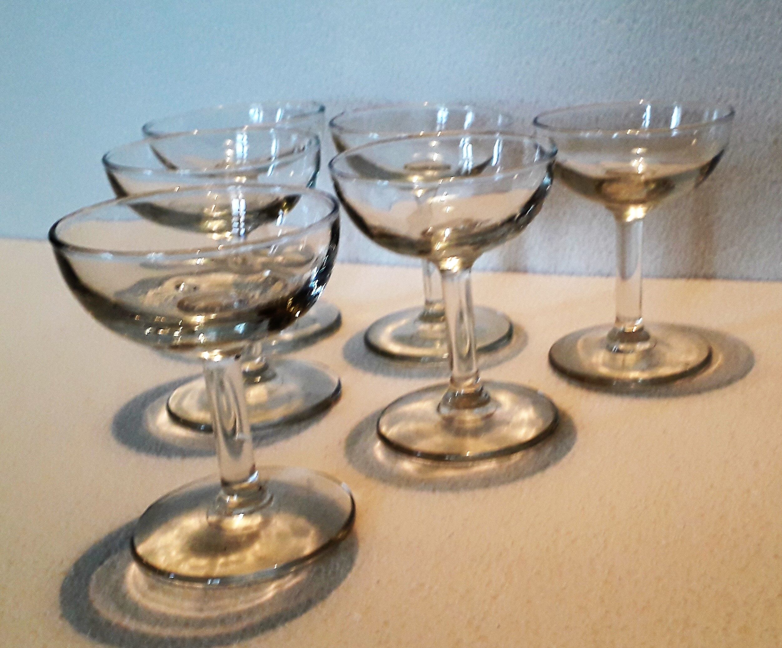 Six old blown glass champagne cups