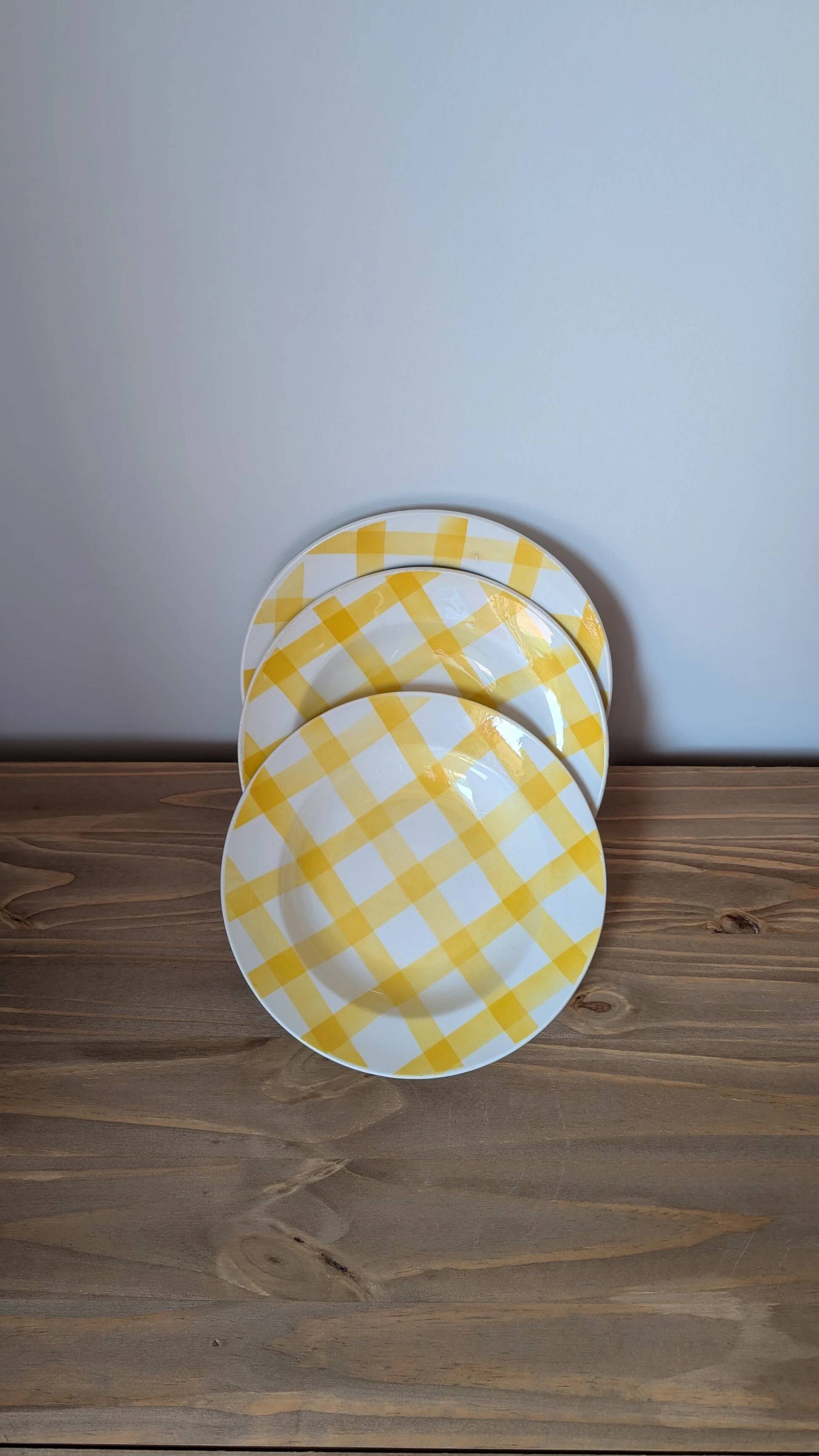 Set of 3 vintage yellow gingham pattern plates