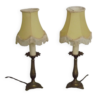Petite Pair Vintage French Brass Candlestick Lamps With Lemon Fringe Shades 4787