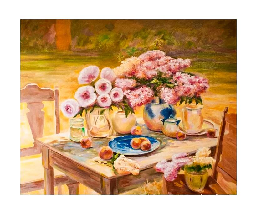 CUADRO CON FLORES Y FRUTAS PINTADO AL ÓLEO. BODEGÓN. CUADRO AL ÓLEO.