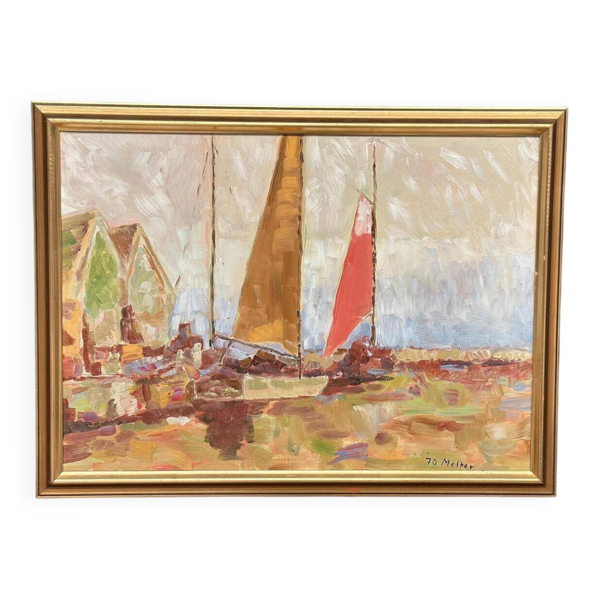 Original Swedish Oil On Canvas – “Sailing Ships” By Melker – Dated 70, Vintage & Framed – 57 × 75 Cm (22.4" × 29.5")