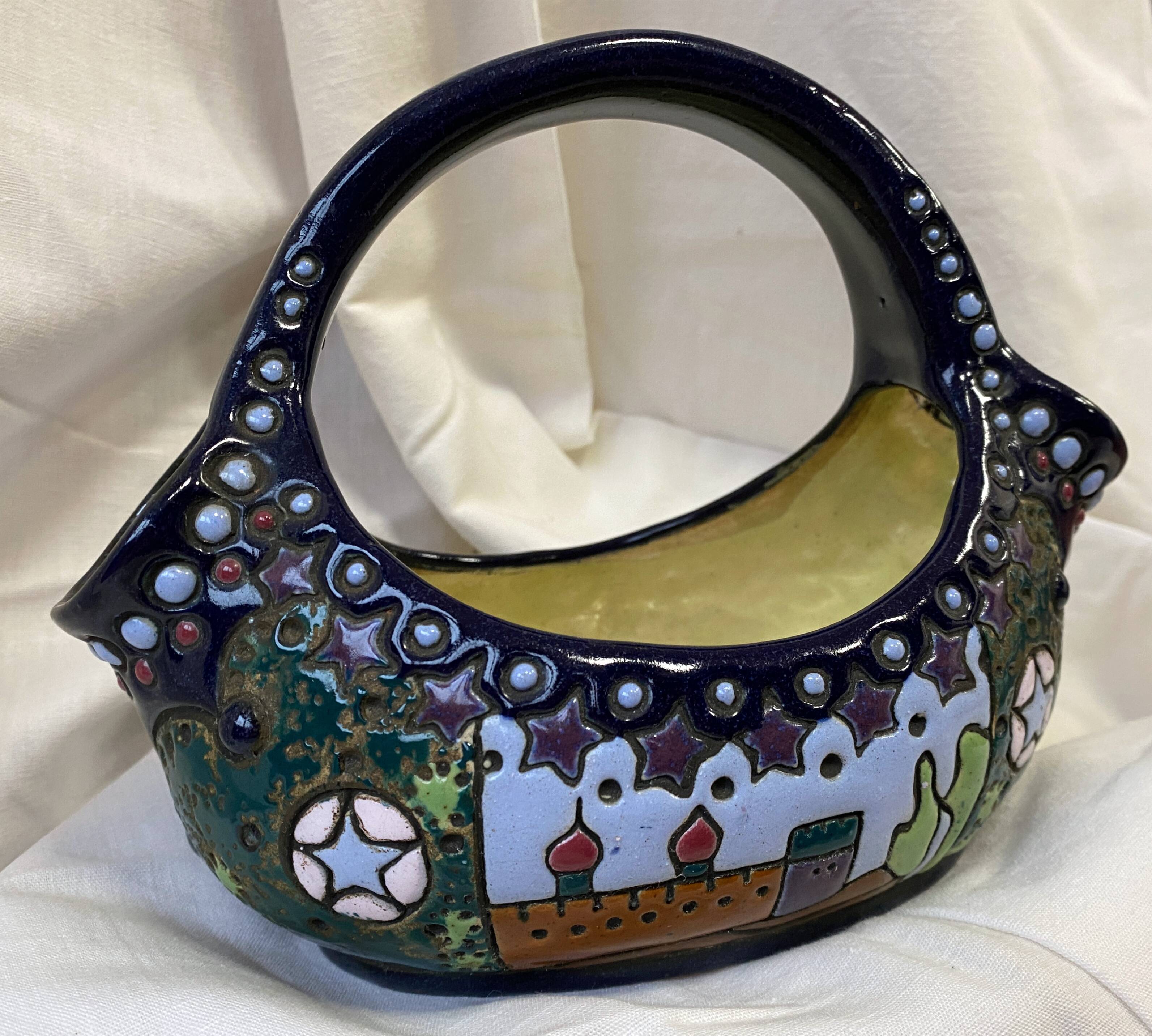 Ceramic basket Arts & Crafts Amphora Bohemia Czechoslovakia 1900