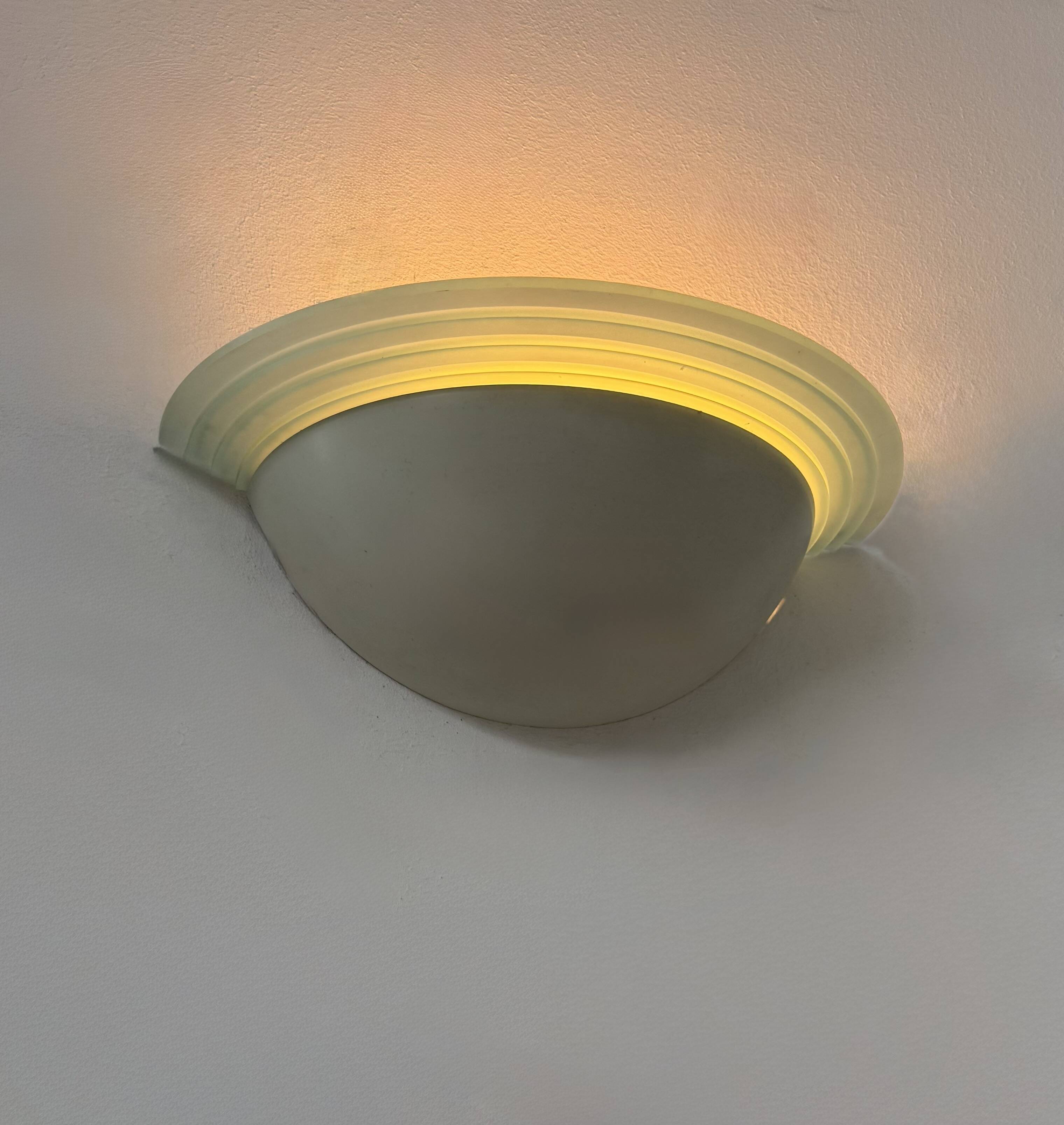 Pair of vintage half-moon wall lights, perspex and white metal, France, 1970.