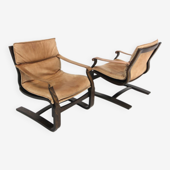 Set de 2 fauteuils scandinave en cuir, Nelo, norvège, 1970